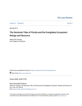 The Seminole Tribe of Florida and the Everglades Ecosystem: Refuge and Resource