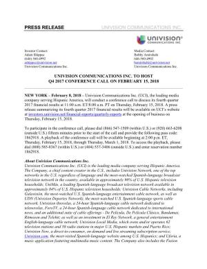 Univision Communications Inc. to Host Q4 2017 Conference Call on February 15, 2018 ______
