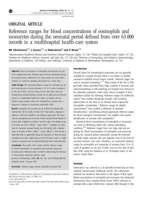 Reference Ranges for Blood Concentrations of Eosinophils And