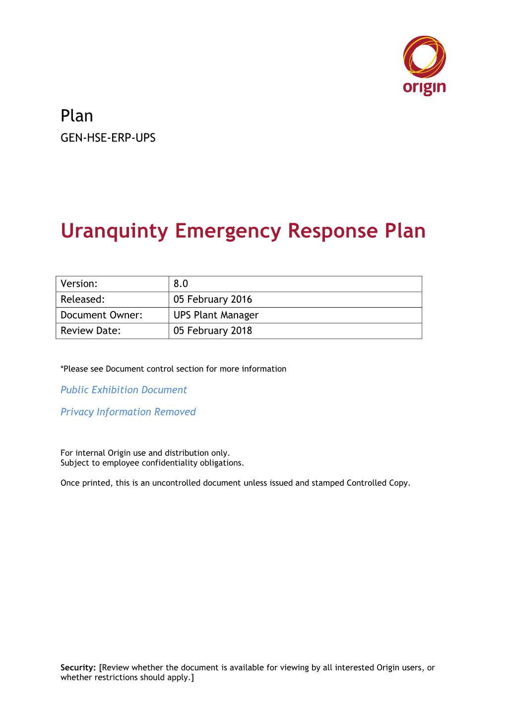 Uranquinty Emergency Response Plan