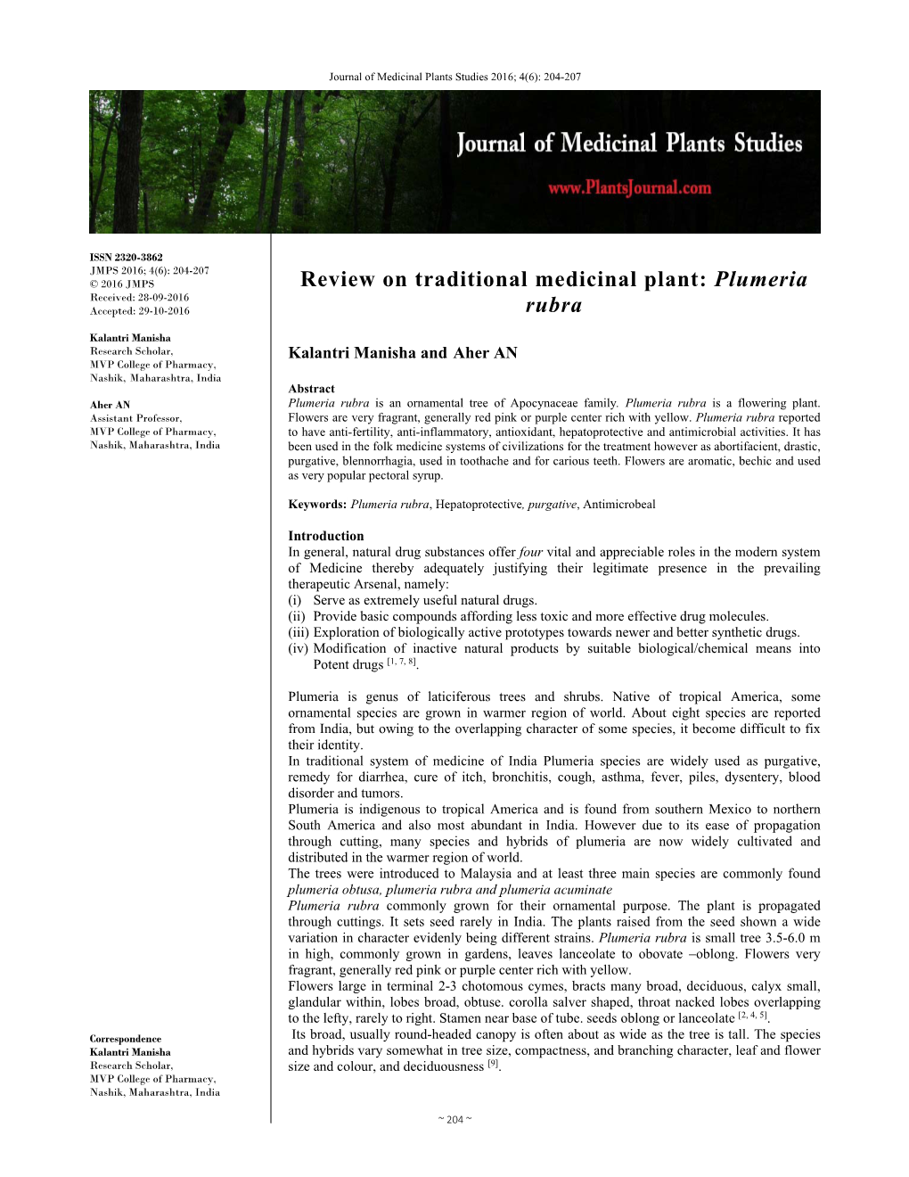 Review on Traditional Medicinal Plant: Plumeria Rubra