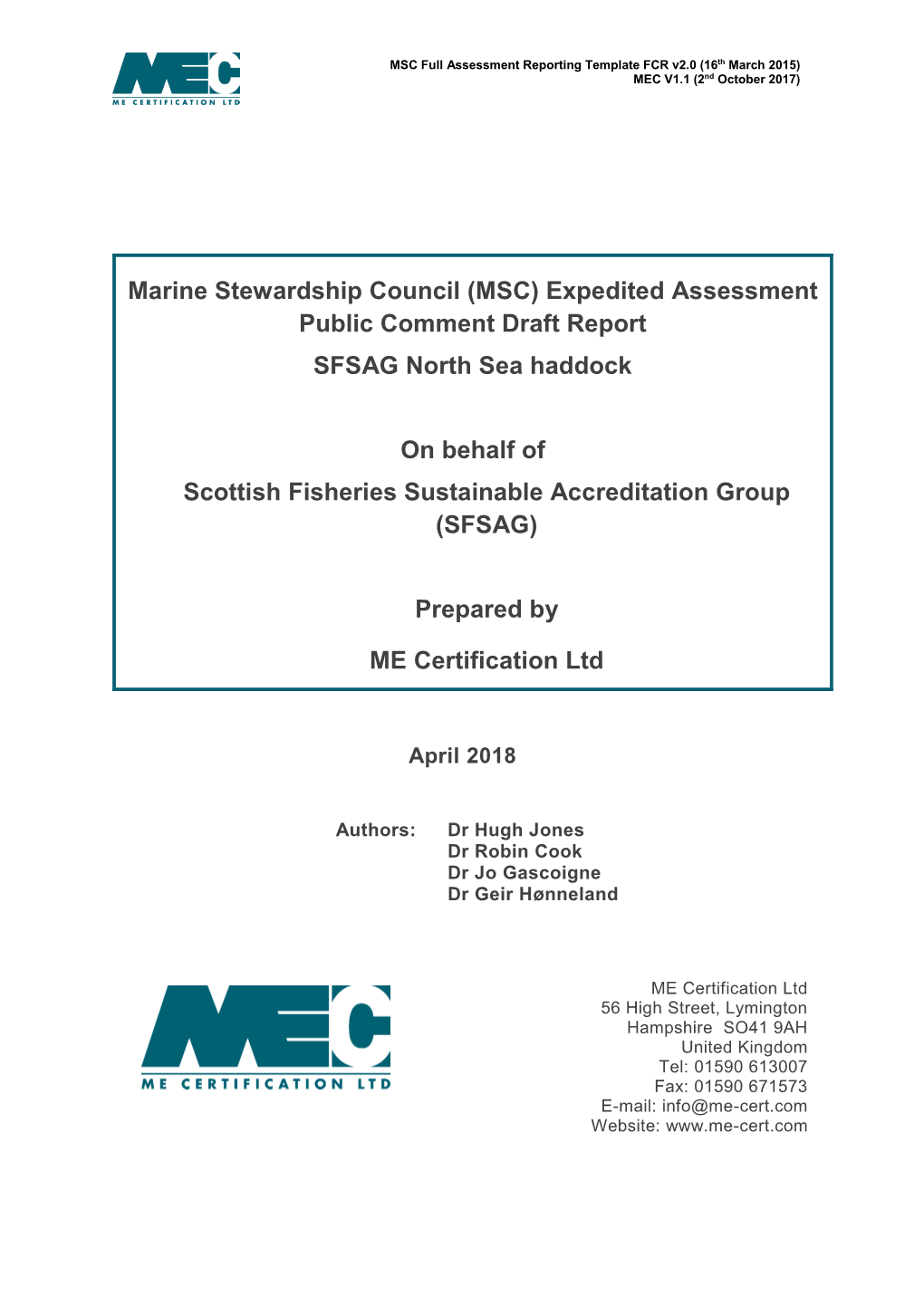 Expedited Assessment Public Comment Draft Report SFSAG North Sea Haddock