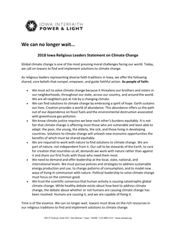 2018 Iowa Religious Leaders Statement on Climate Change