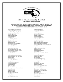 2012-13 MIAA Sportsmanship Honor Roll (148 Schools, 0 Suspensions)