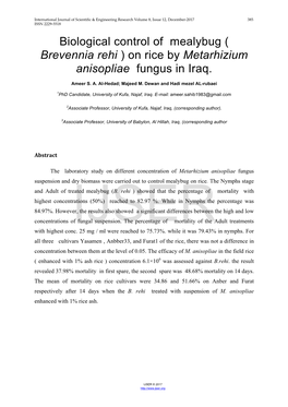 Biological Control of Mealybug ( Brevennia Rehi ) on Rice by Metarhizium Anisopliae Fungus in Iraq