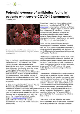Potential Overuse of Antibiotics Found in Patients with Severe COVID-19 Pneumonia 19 August 2021