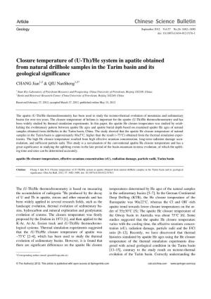 Closure Temperature of (U-Th)/He System in Apatite Obtained from Natural Drillhole Samples in the Tarim Basin and Its Geological Significance