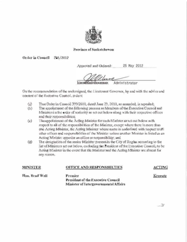 Province of Saslmtchewan Order in Council 285/2012 Approved and Ordered