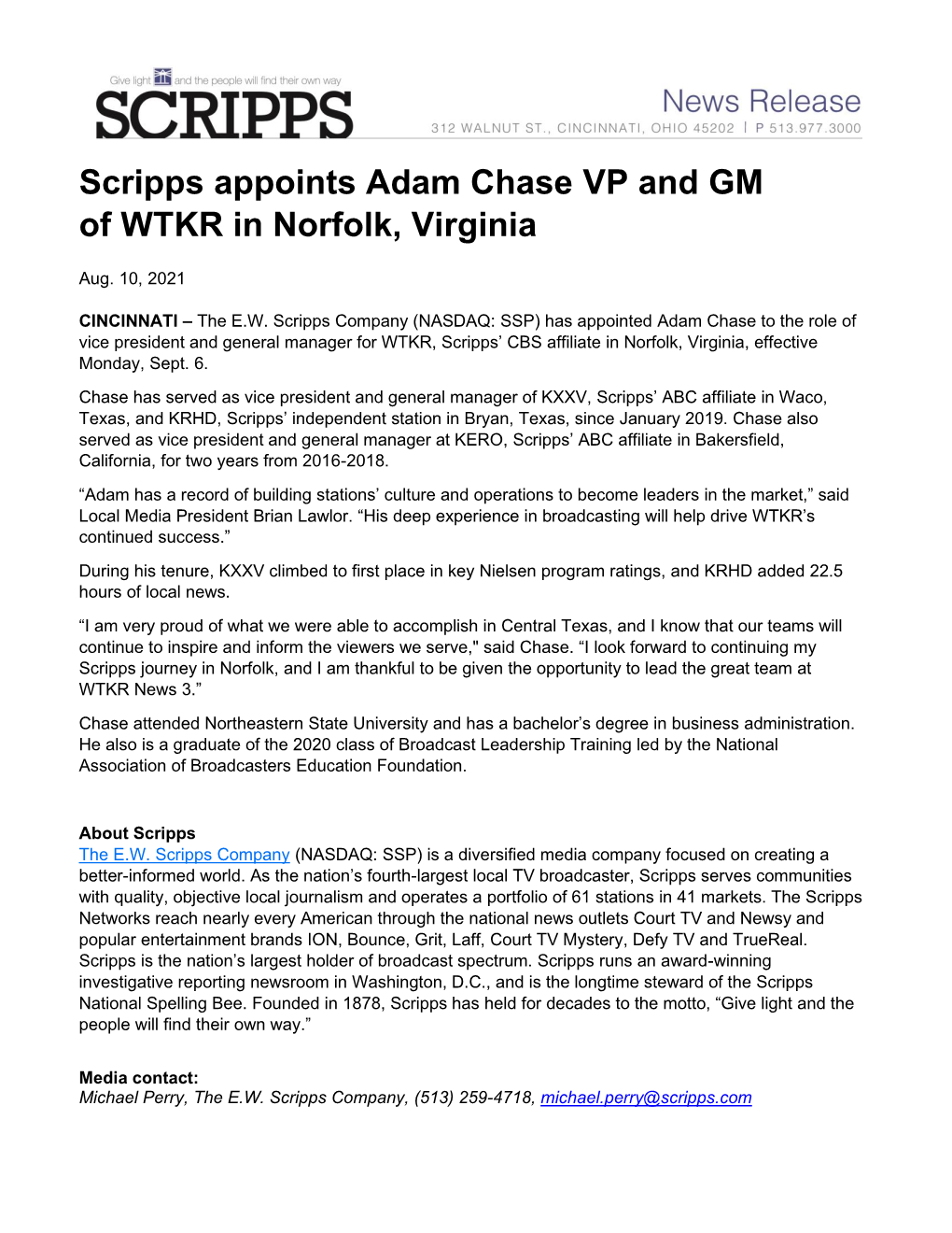 Scripps Appoints Adam Chase VP and GM of WTKR in Norfolk, Virginia