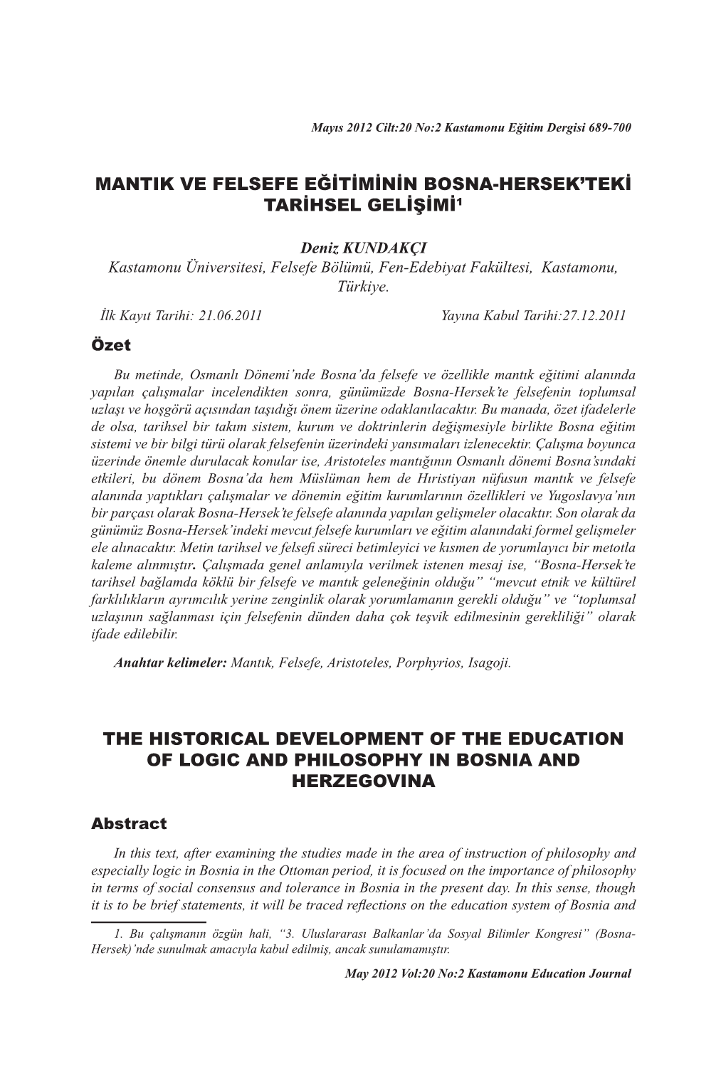 Mantık Ve Felsefe Eğitiminin Bosna-Hersek'teki Tarihsel Gelişimi1