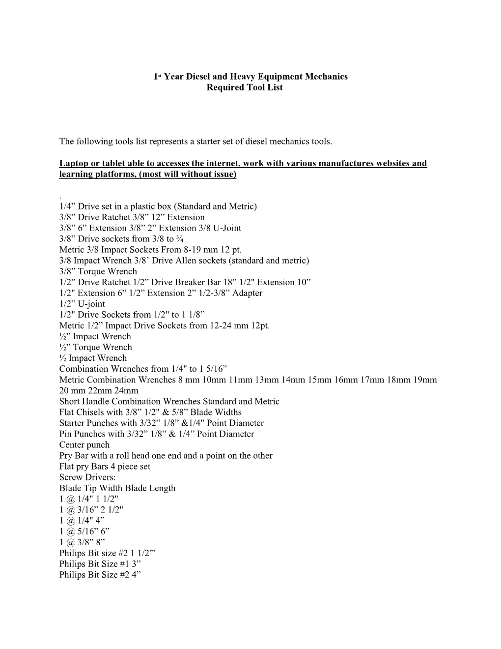 1St Year Diesel and Heavy Equipment Mechanics Required Tool List The