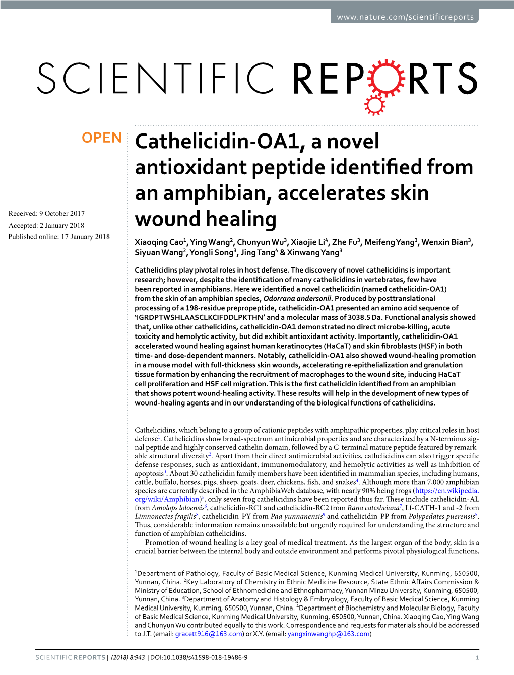 Cathelicidin-OA1, a Novel Antioxidant Peptide Identified from An