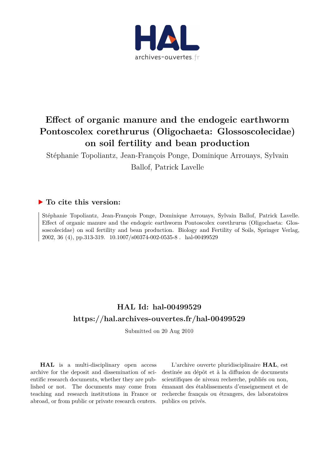 Effect of Organic Manure and the Endogeic Earthworm Pontoscolex