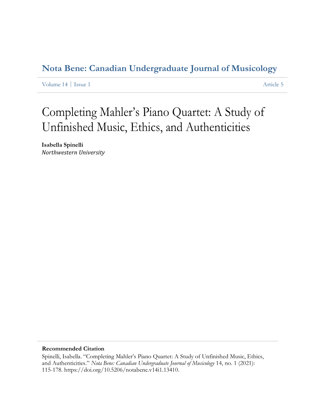 Completing Mahler's Piano Quartet: a Study of Unfinished Music, Ethics