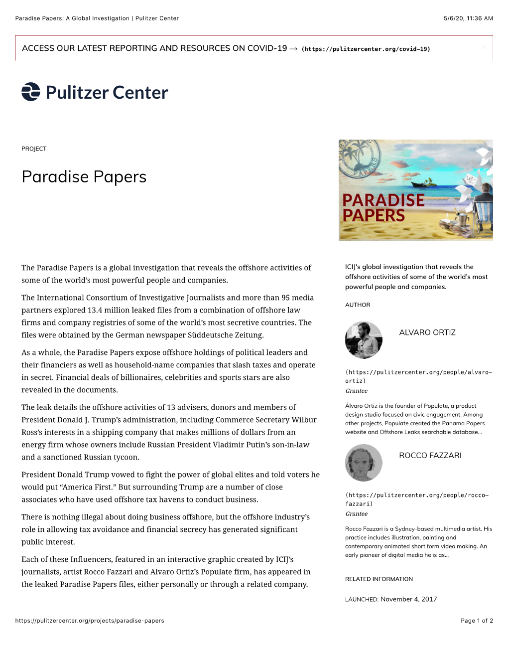 Paradise Papers: a Global Investigation | Pulitzer Center 5/6/20, 11:36 AM