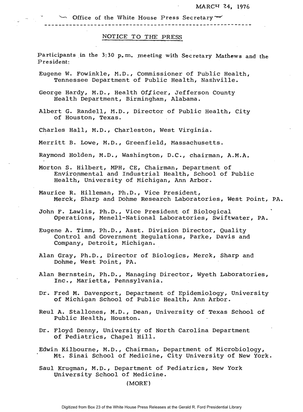 Gerald R. Ford Administration White House Press Releases