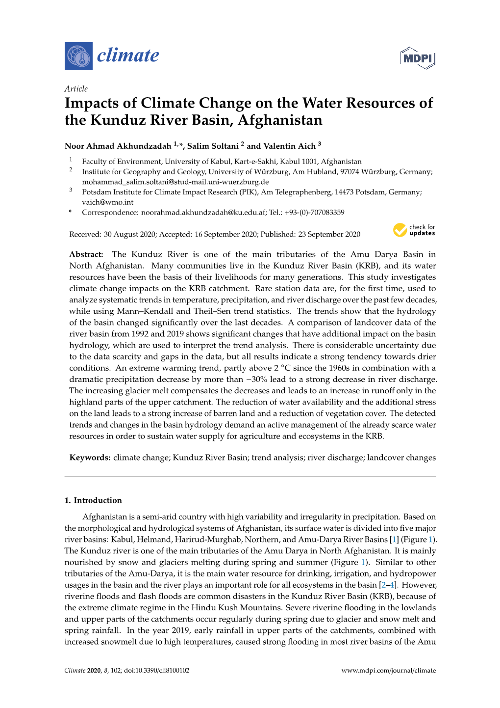 Impacts of Climate Change on the Water Resources of the Kunduz River Basin, Afghanistan