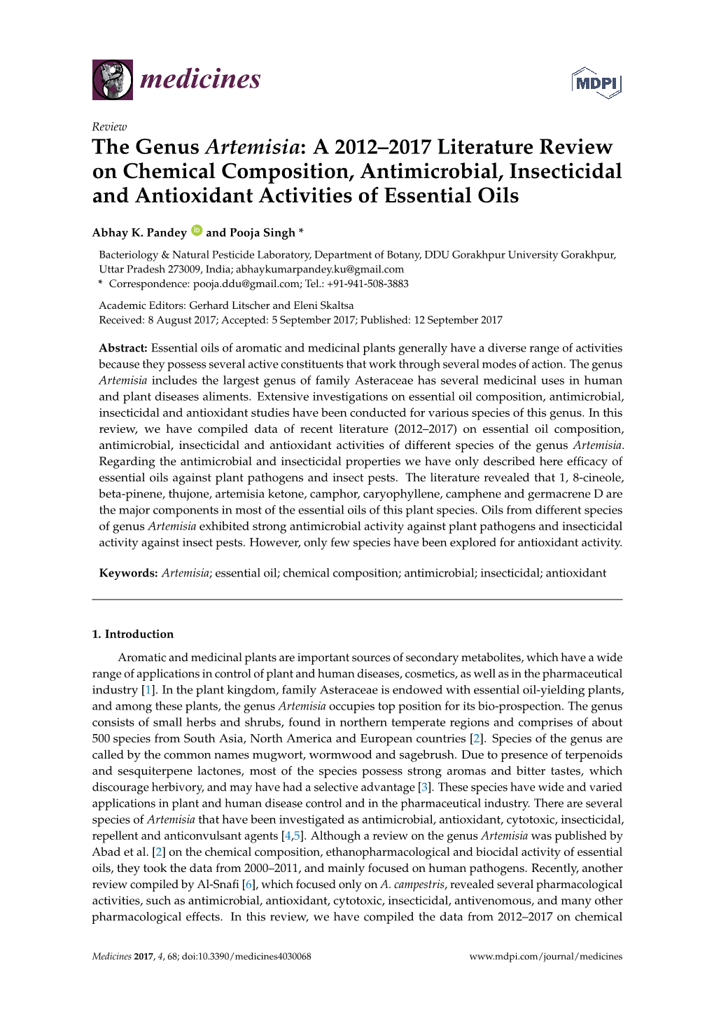 The Genus Artemisia: a 2012–2017 Literature Review on Chemical Composition, Antimicrobial, Insecticidal and Antioxidant Activities of Essential Oils