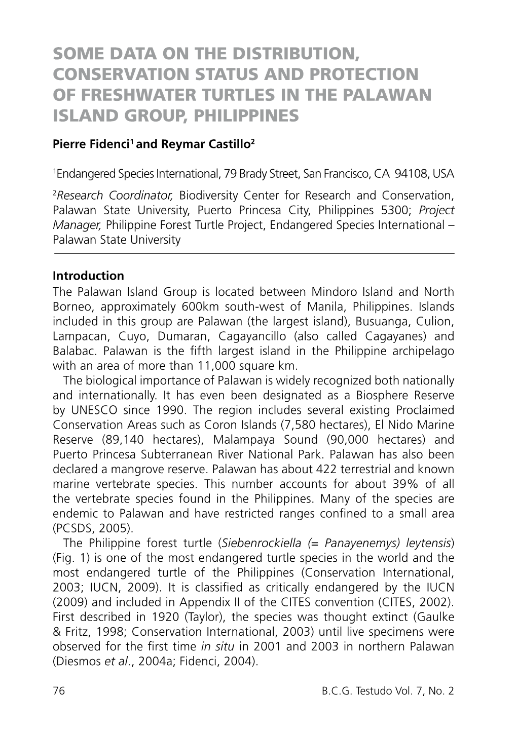 Some Data on the Distribution, Conservation Status and Protection of Freshwater Turtles in the Palawan Island Group, Philippines