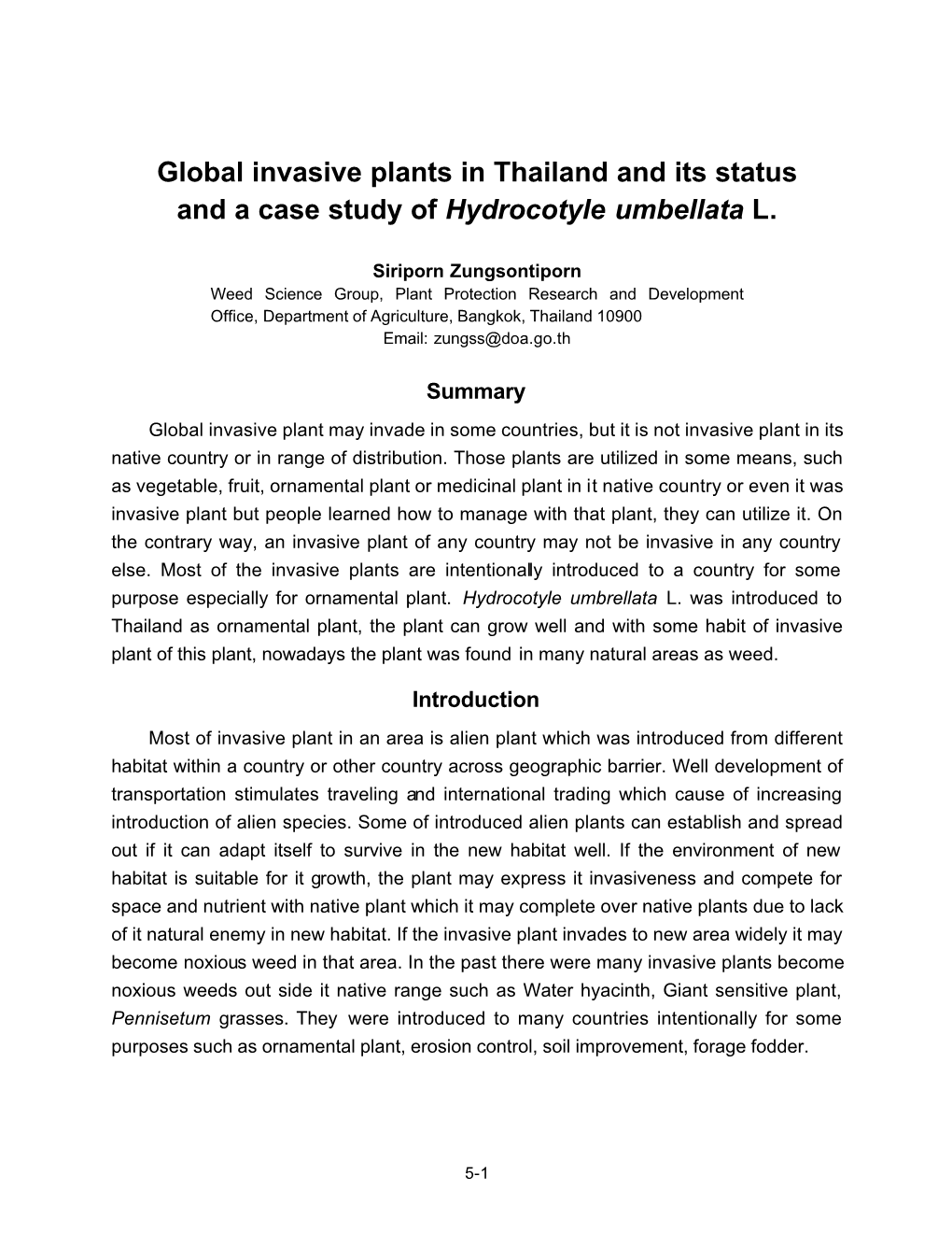 Global Invasive Plants in Thailand and Its Status and a Case Study of Hydrocotyle Umbellata L