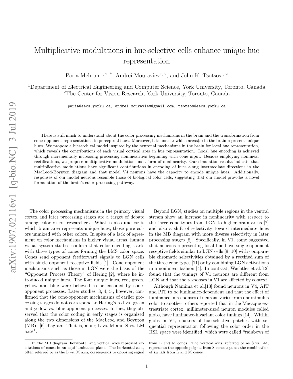 Arxiv:1907.02116V1 [Q-Bio.NC] 3 Jul 2019