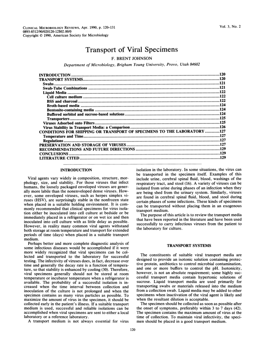 Transport of Viral Specimens F