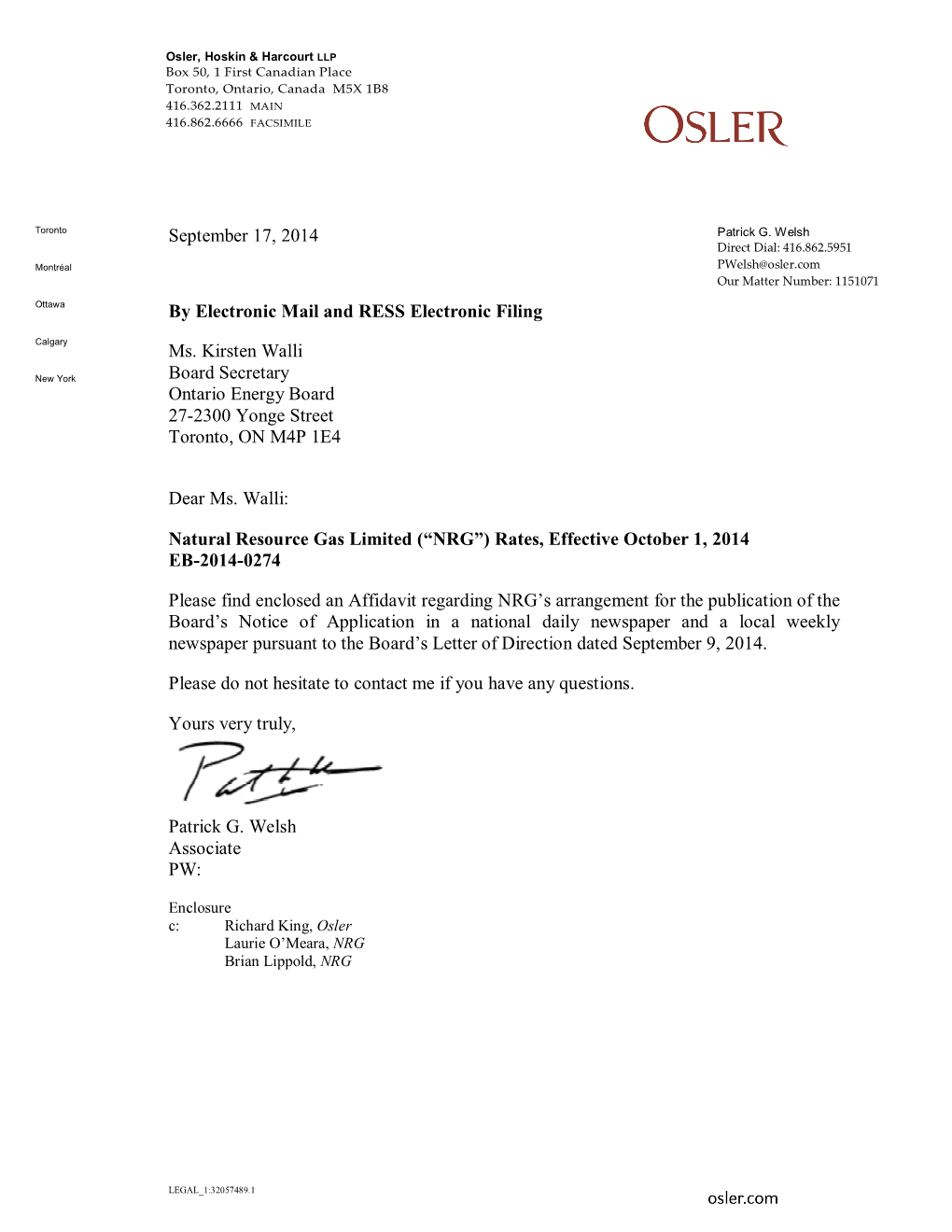 September 17, 2014 by Electronic Mail and RESS Electronic Filing Ms