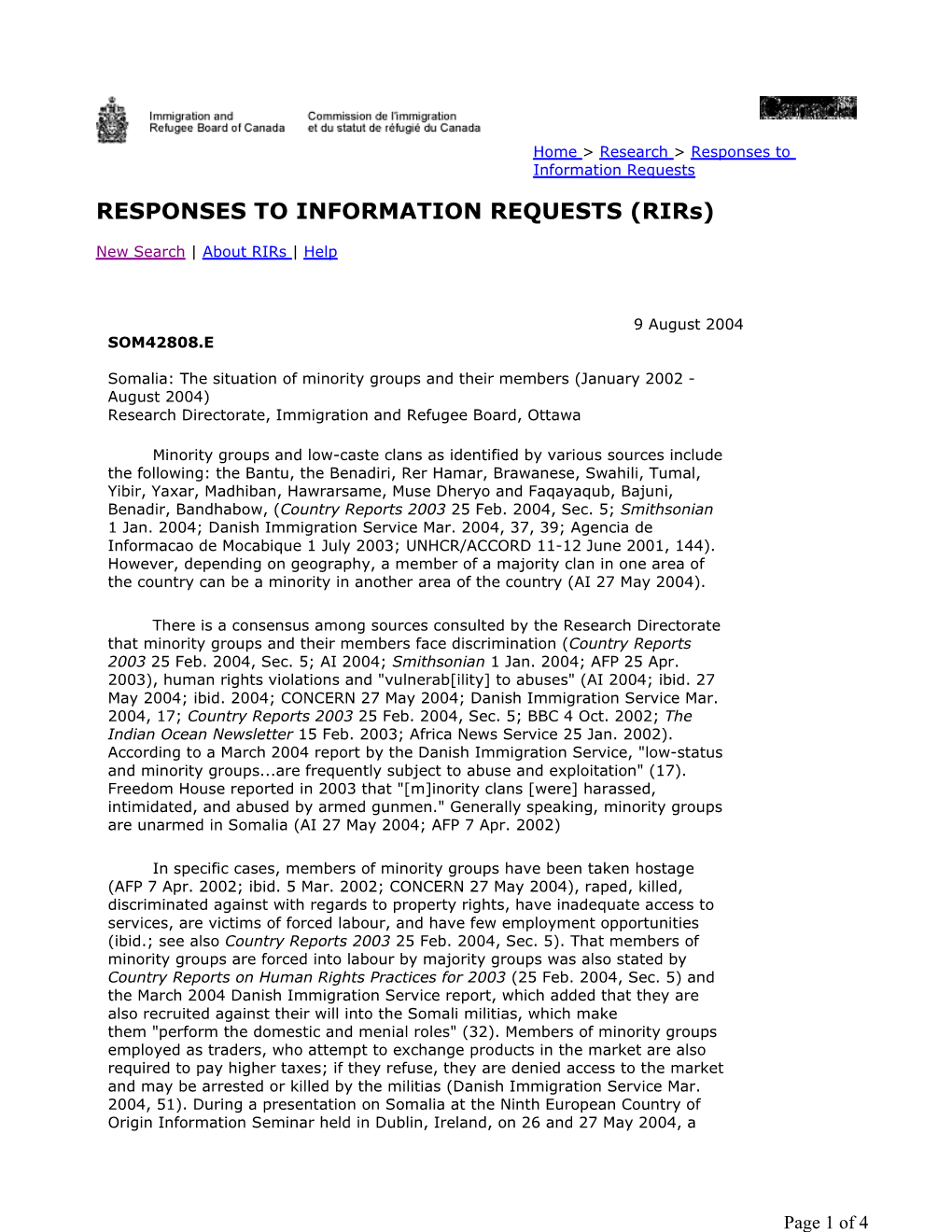 The Situation of Minority Groups and Their Members (January 2002 - August 2004) Research Directorate, Immigration and Refugee Board, Ottawa