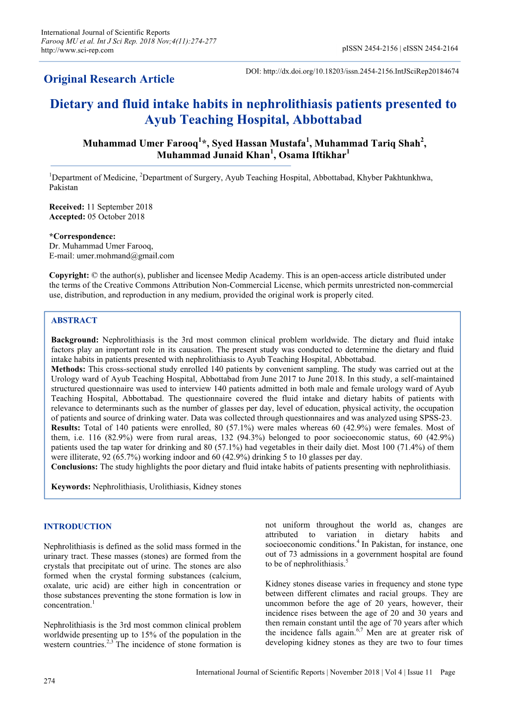 Dietary and Fluid Intake Habits in Nephrolithiasis Patients Presented to Ayub Teaching Hospital, Abbottabad