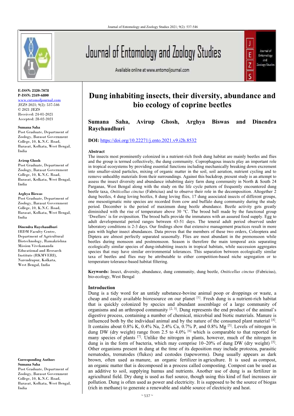 Dung Inhabiting Insects, Their Diversity, Abundance and Bio