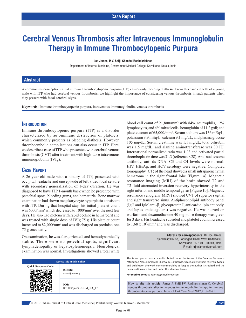 Cerebral Venous Thrombosis After Intravenous Immunoglobulin Therapy in Immune Thrombocytopenic Purpura