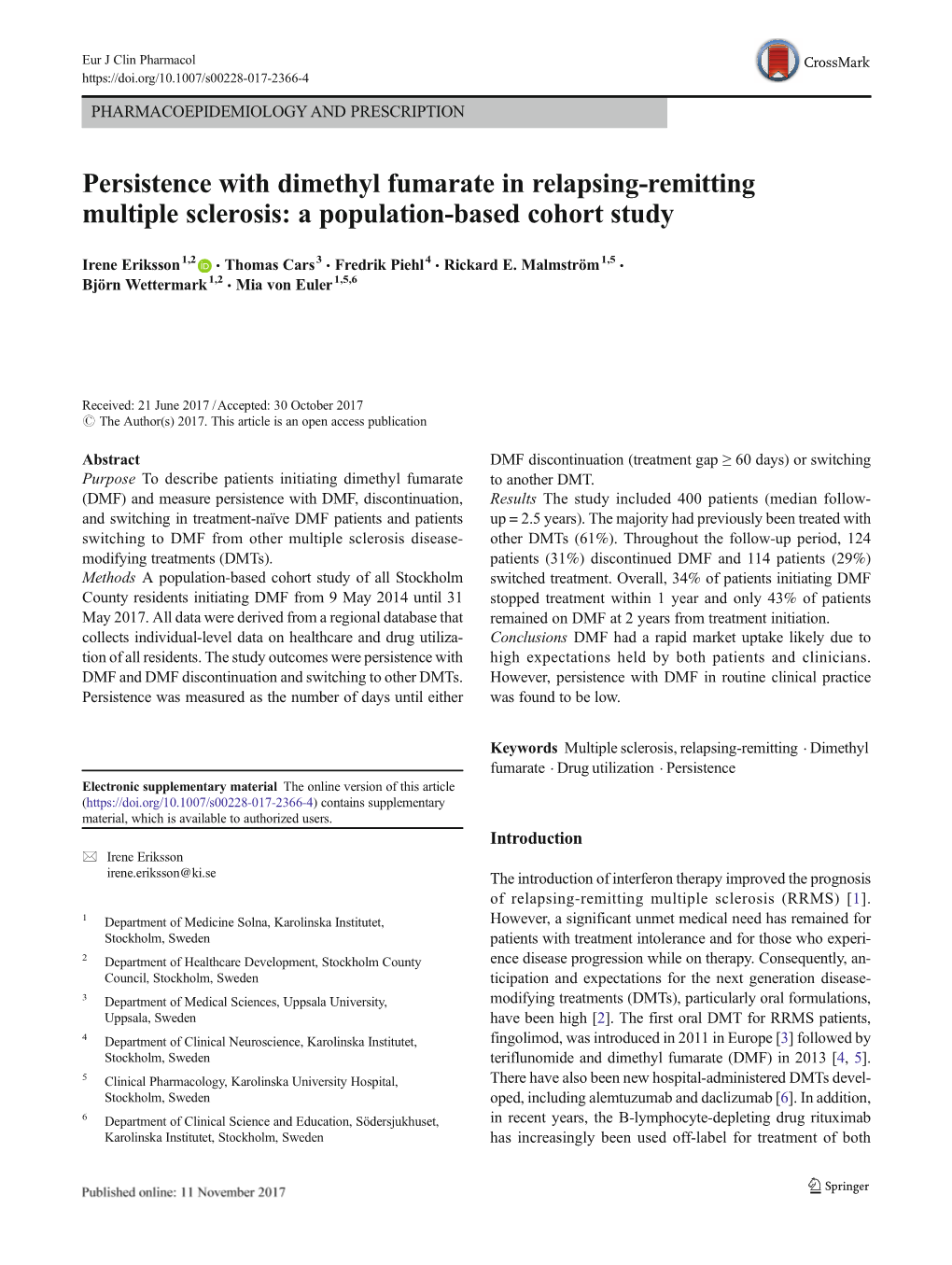 Persistence with Dimethyl Fumarate in Relapsing-Remitting Multiple Sclerosis: a Population-Based Cohort Study