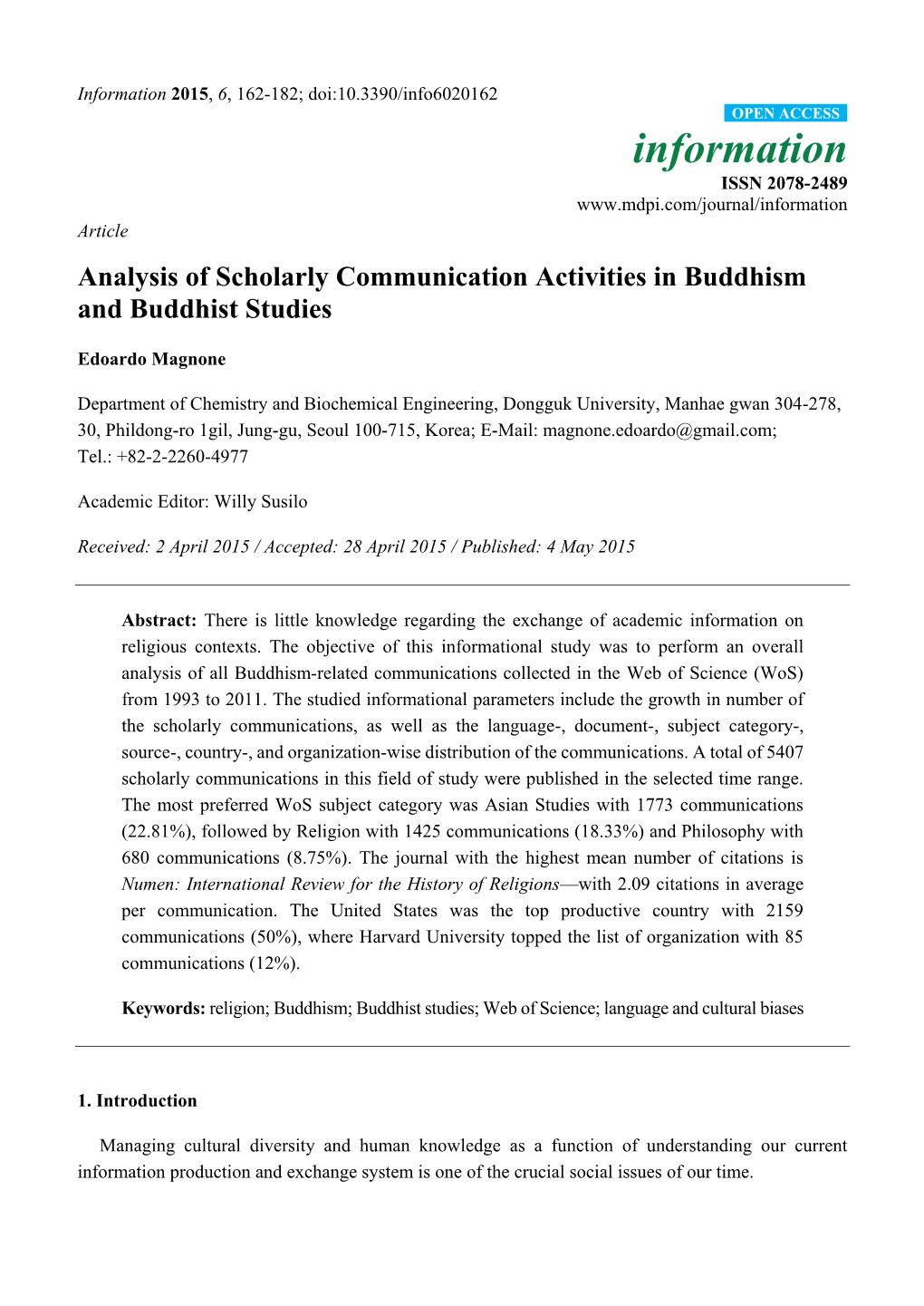 Analysis of Scholarly Communication Activities in Buddhism and Buddhist Studies