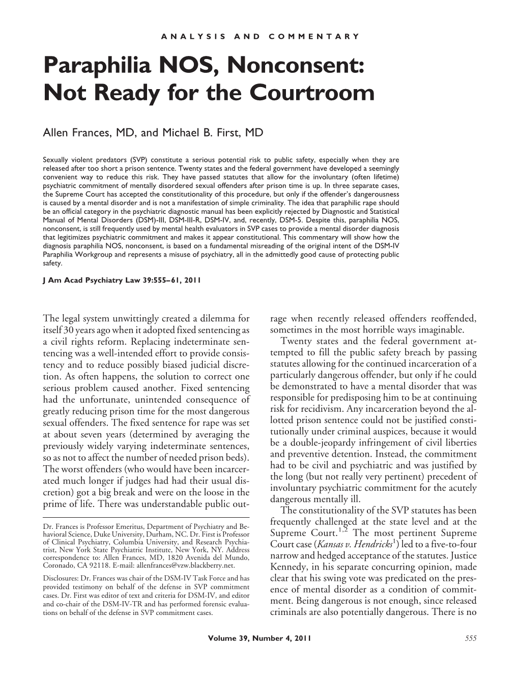 Paraphilia NOS, Nonconsent: Not Ready for the Courtroom