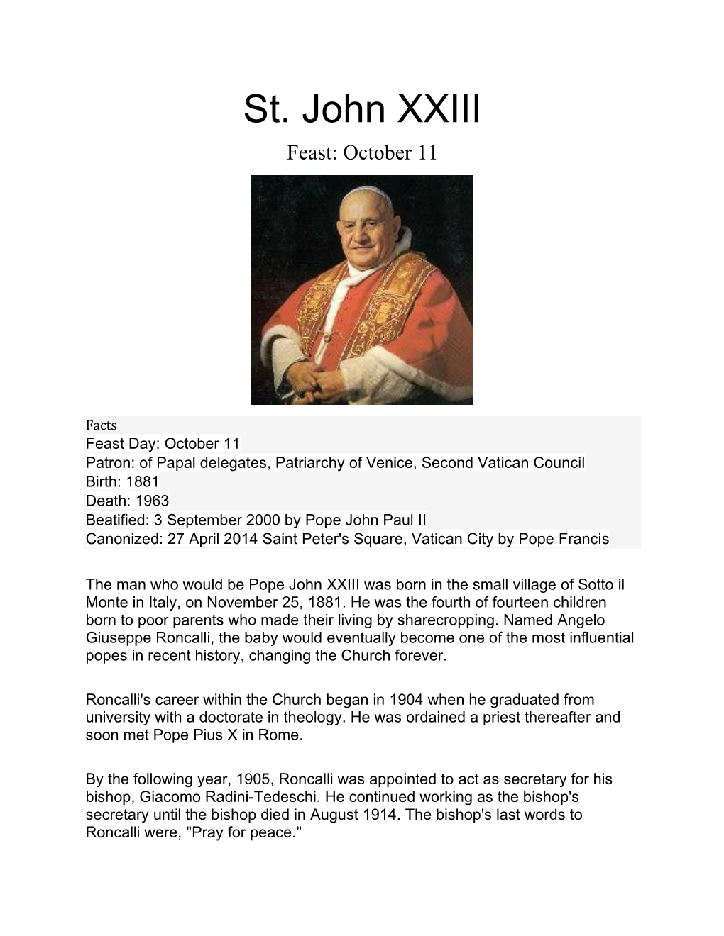 St. John XXIII Feast: October 11