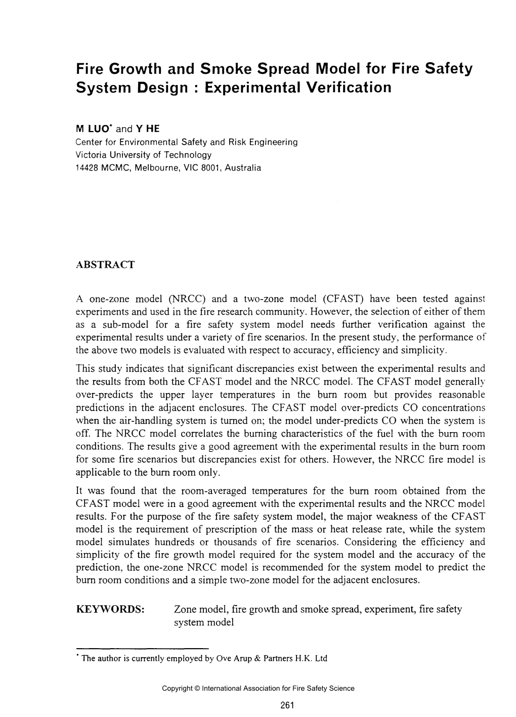 Fire Growth and Smoke Spread Model for Fire Safety System Design: Experimental Verification