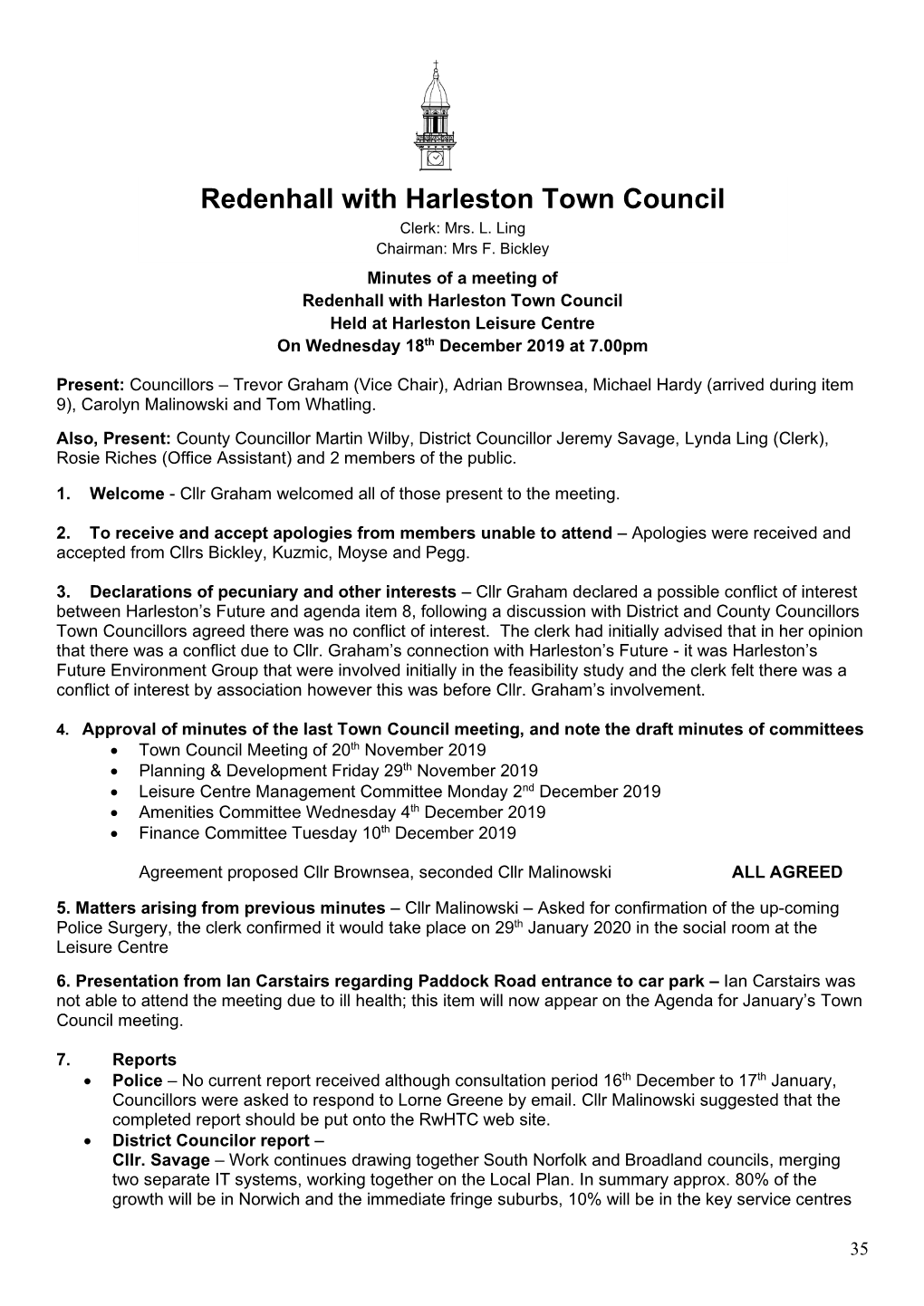 Redenhall with Harleston Town Council Clerk: Mrs