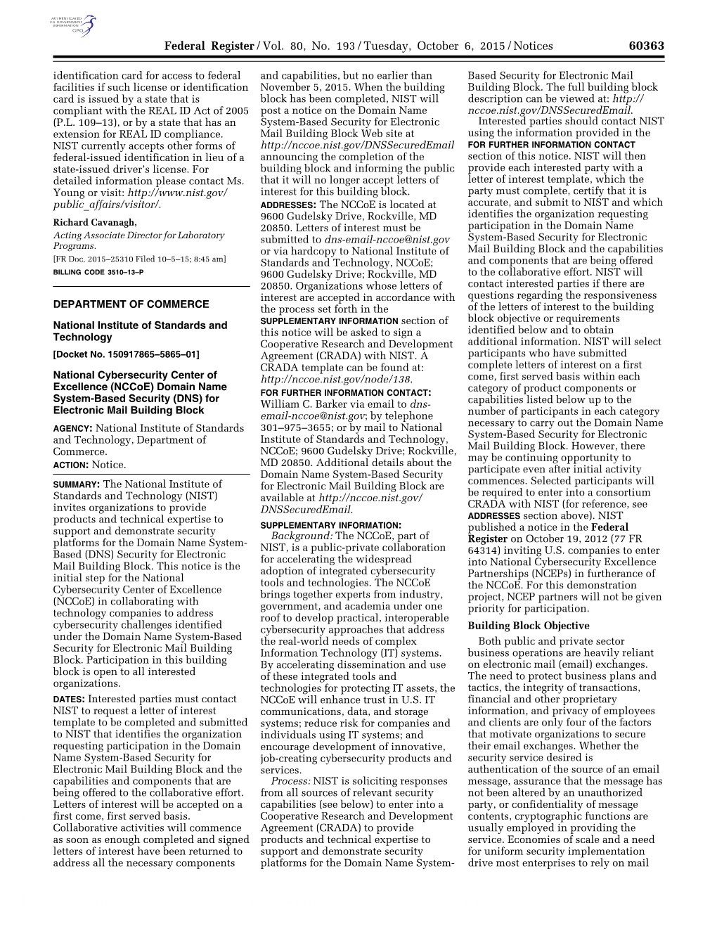 Federal Register/Vol. 80, No. 193/Tuesday, October 6, 2015