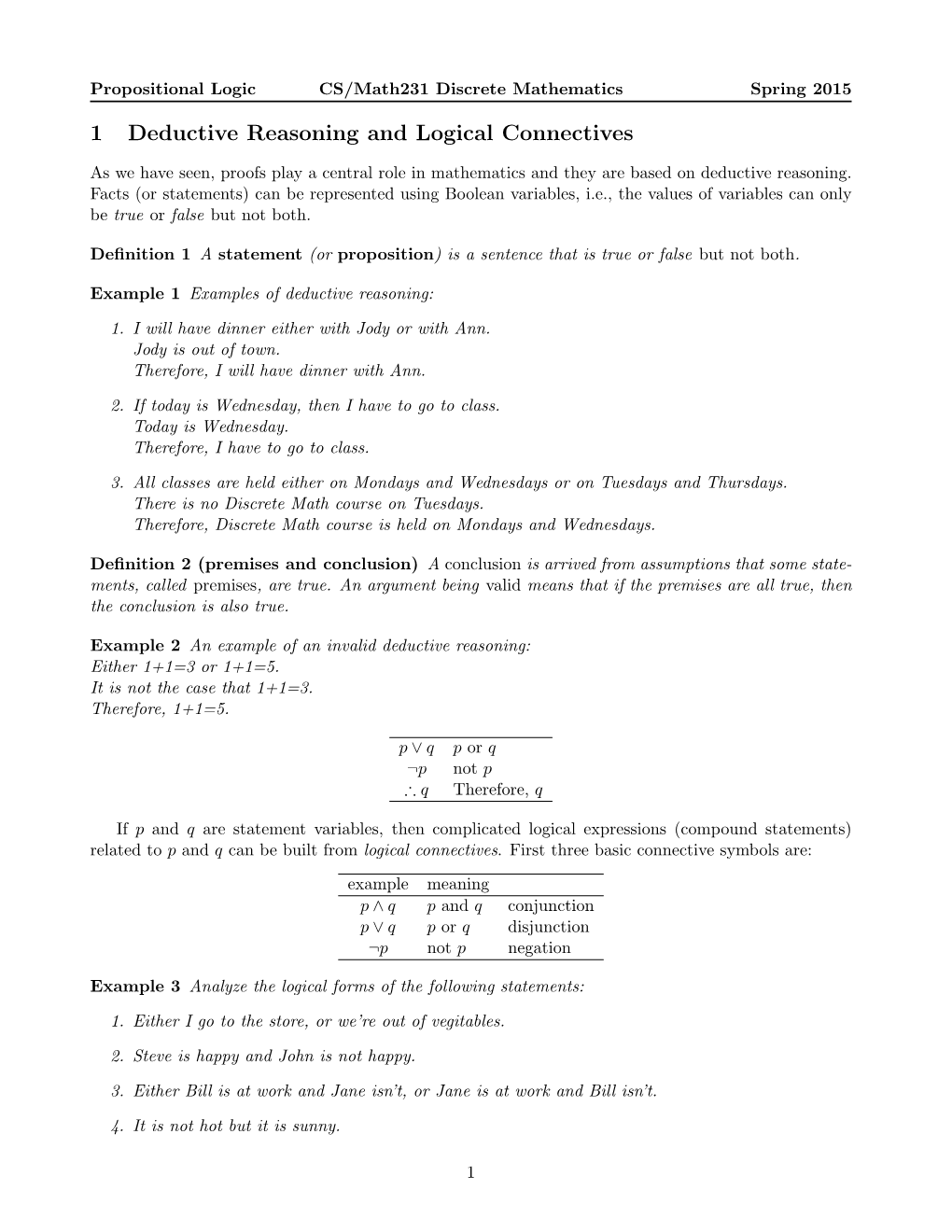 1 Deductive Reasoning and Logical Connectives