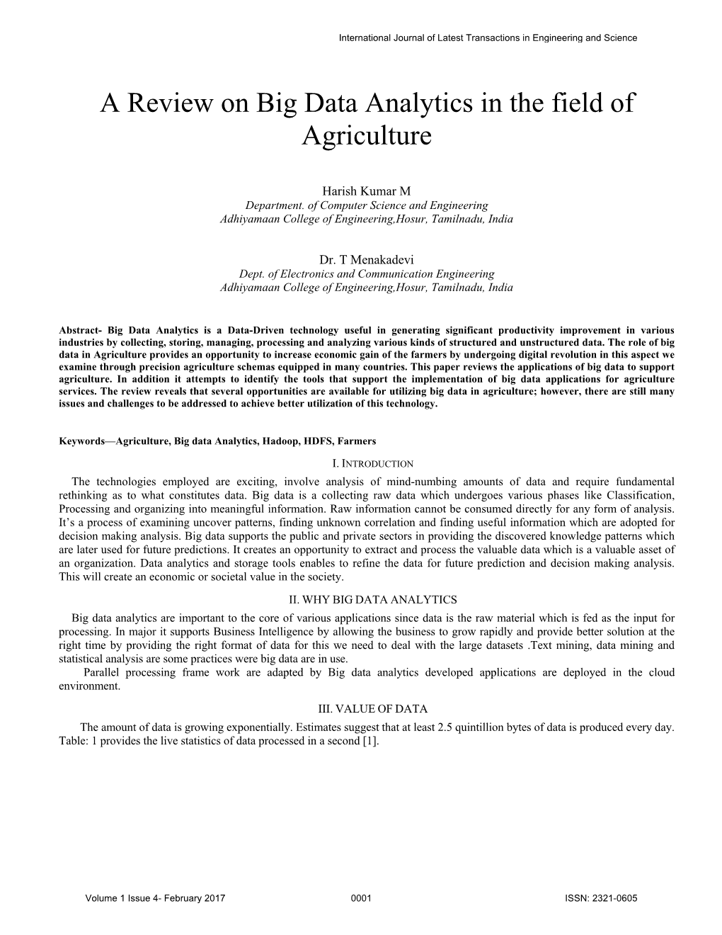 A Review on Big Data Analytics in the Field of Agriculture