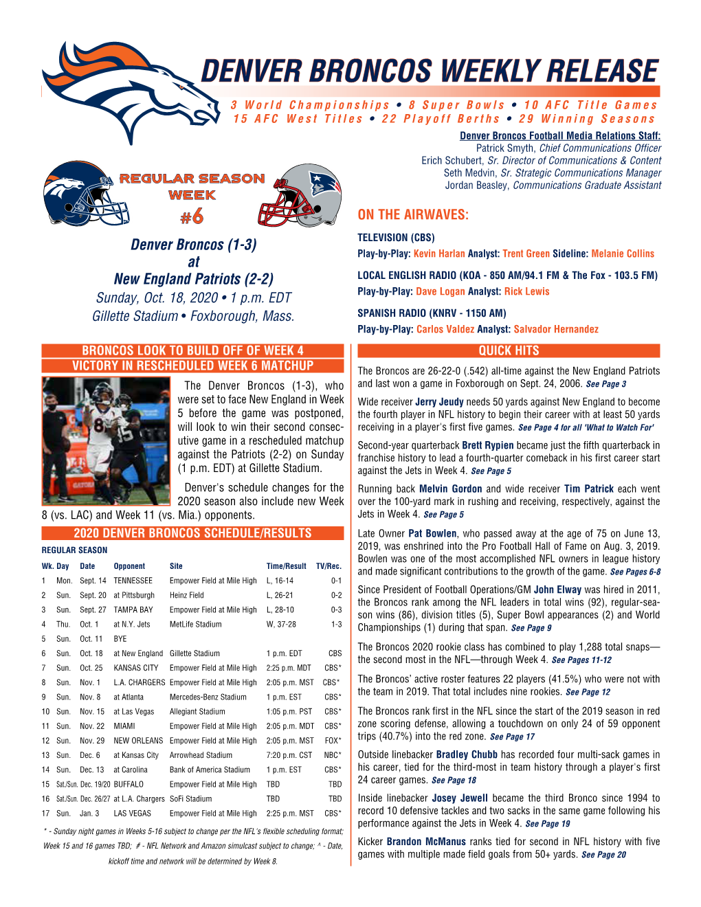 Denver Broncos Weekly Release Packet (At New England, 10/18/20)