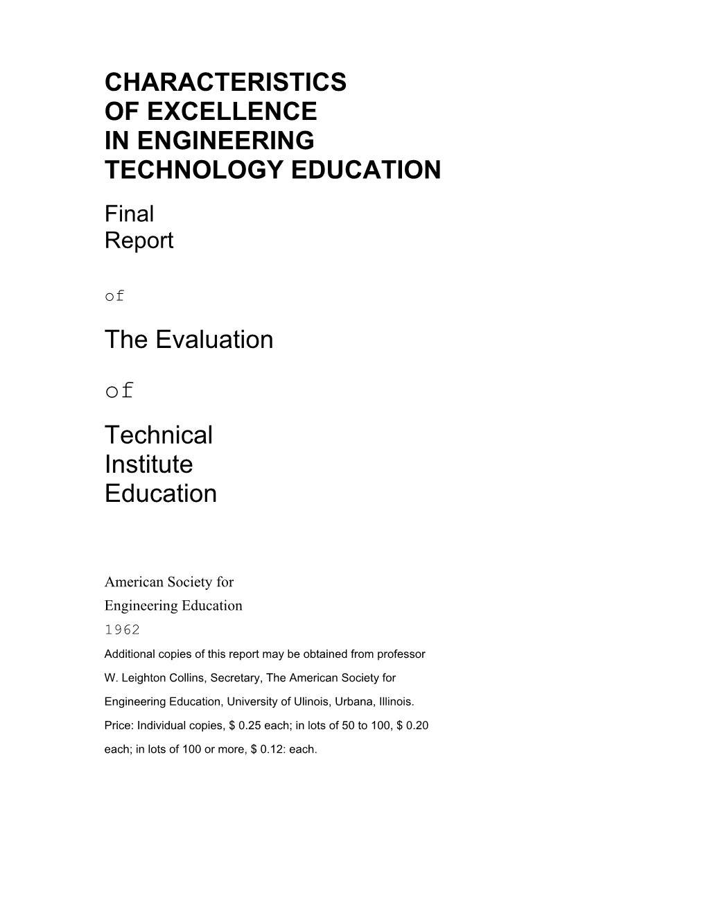 Characteristics of Excellence in Engineering Technology Education