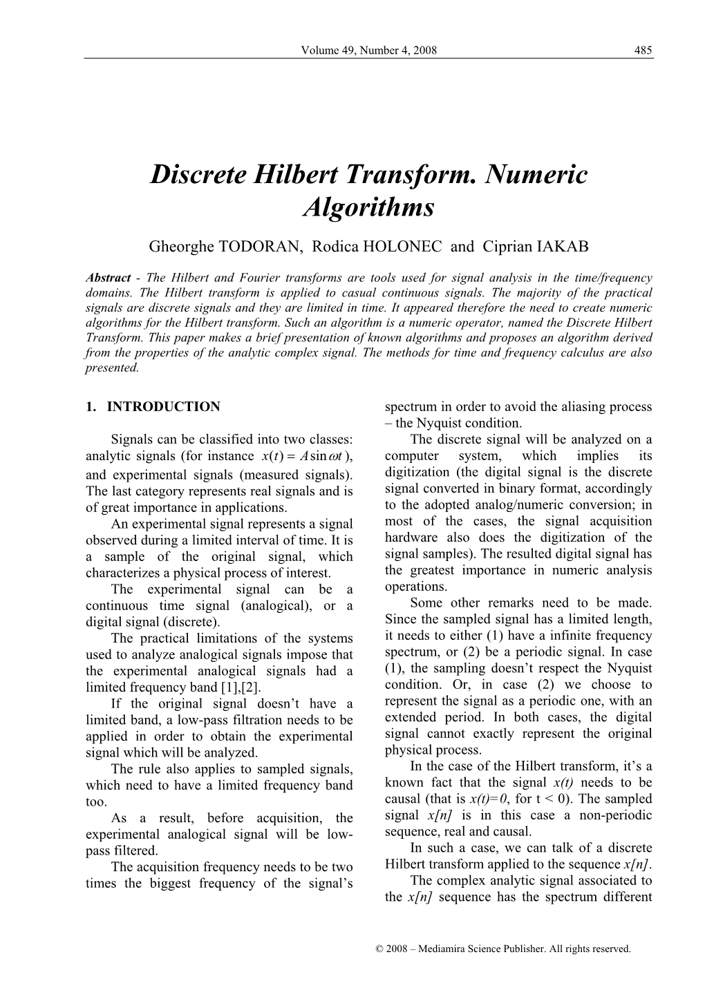 Discrete Hilbert Transform. Numeric Algorithms