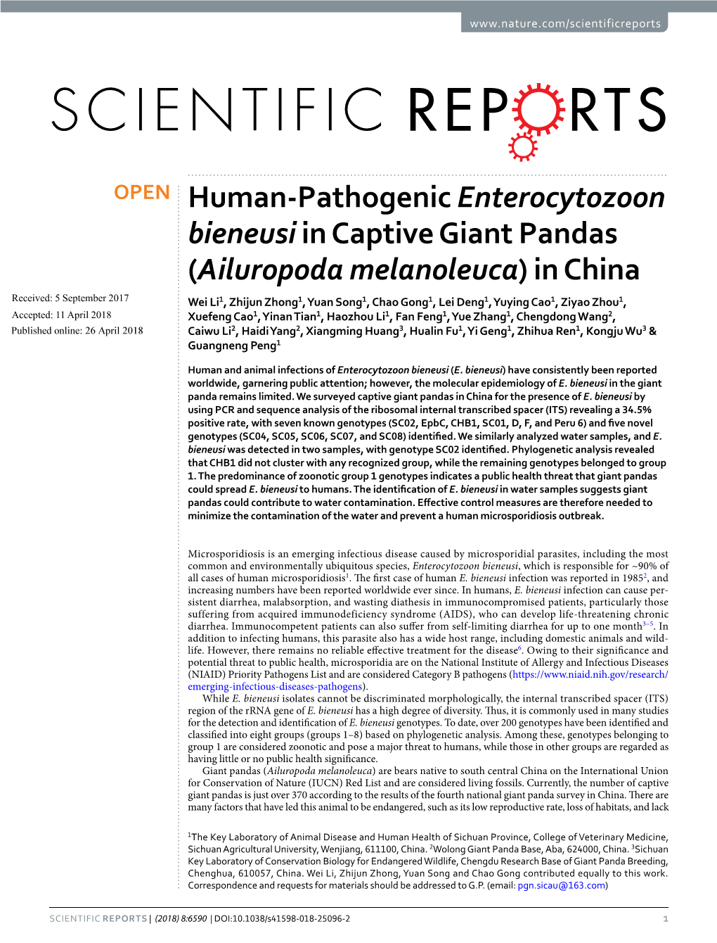 Human-Pathogenic Enterocytozoon Bieneusi in Captive Giant Pandas (Ailuropoda Melanoleuca) in China
