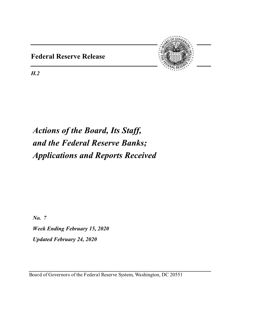 Actions of the Board, Its Staff, and the Federal Reserve Banks; Applications and Reports Received