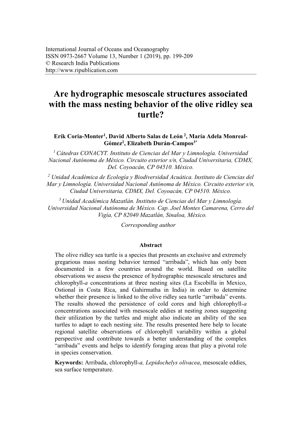 Are Hydrographic Mesoscale Structures Associated with the Mass Nesting Behavior of the Olive Ridley Sea Turtle?