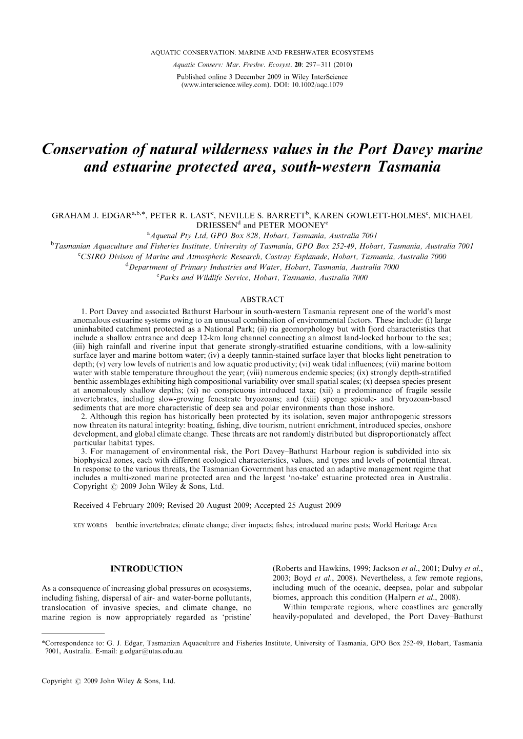 Conservation of Natural Wilderness Values in the Port Davey Marine and Estuarine Protected Area, South-Western Tasmania