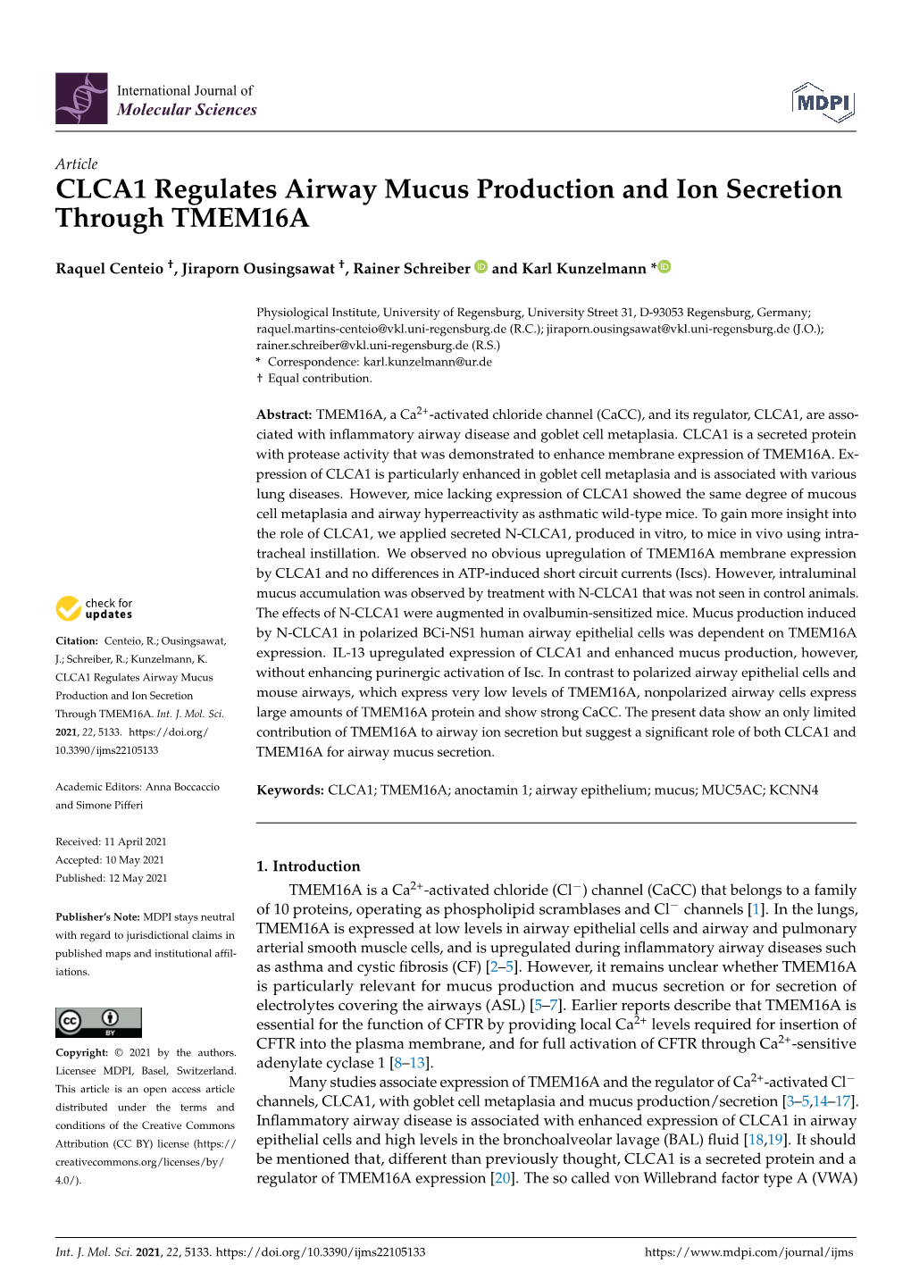 CLCA1 Regulates Airway Mucus Production and Ion Secretion Through TMEM16A