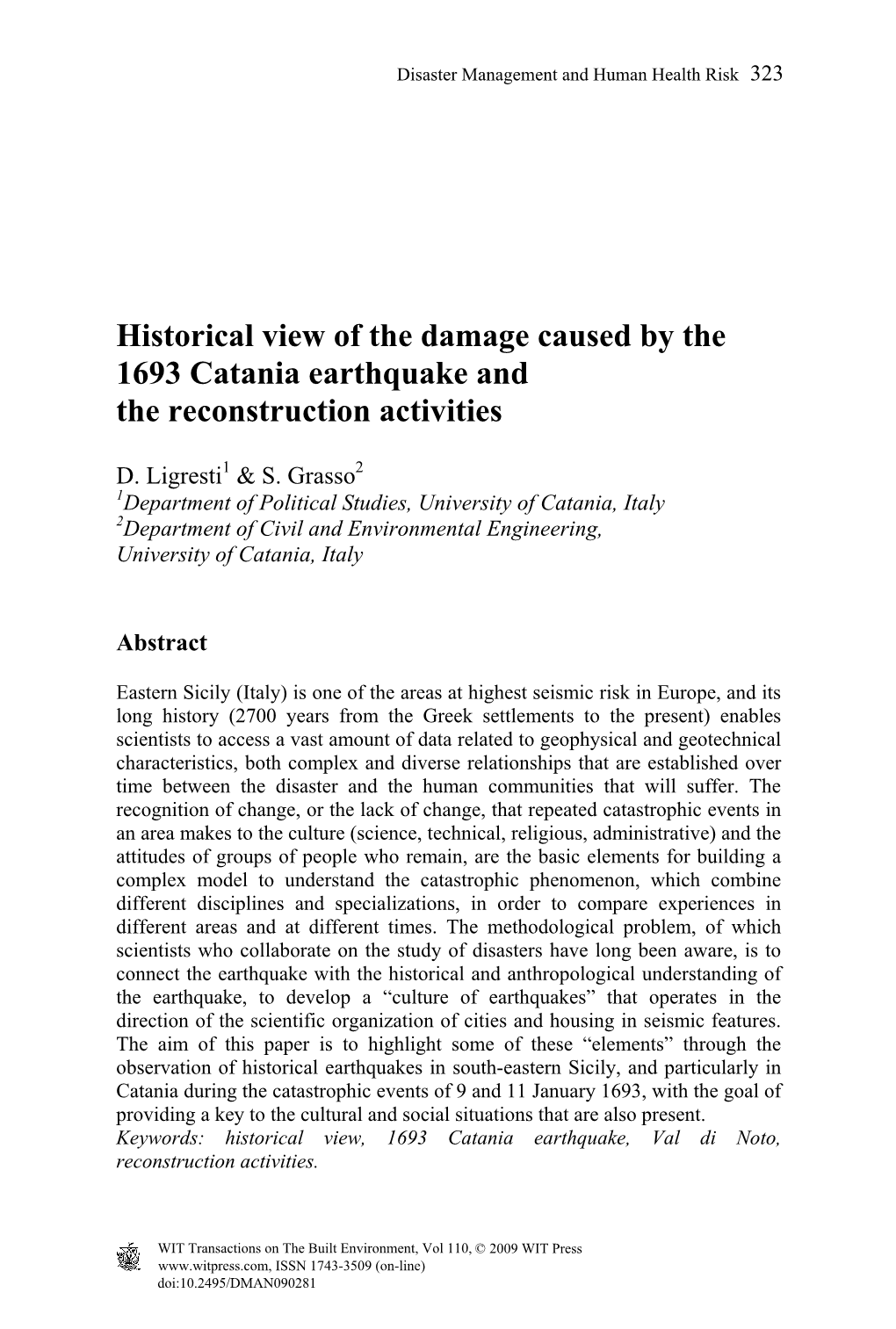 Historical View of the Damage Caused by the 1693 Catania Earthquake and the Reconstruction Activities