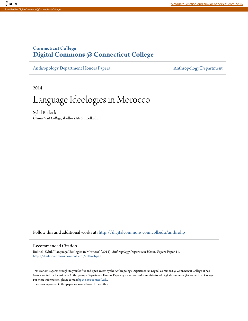 Language Ideologies in Morocco Sybil Bullock Connecticut College, Sbullock@Conncoll.Edu